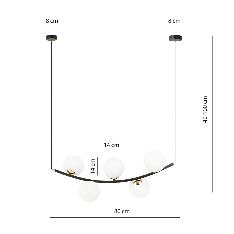 Ritz 5 White - wisząca lampa, żyrandol, pięć białych kul wymiary.jpg