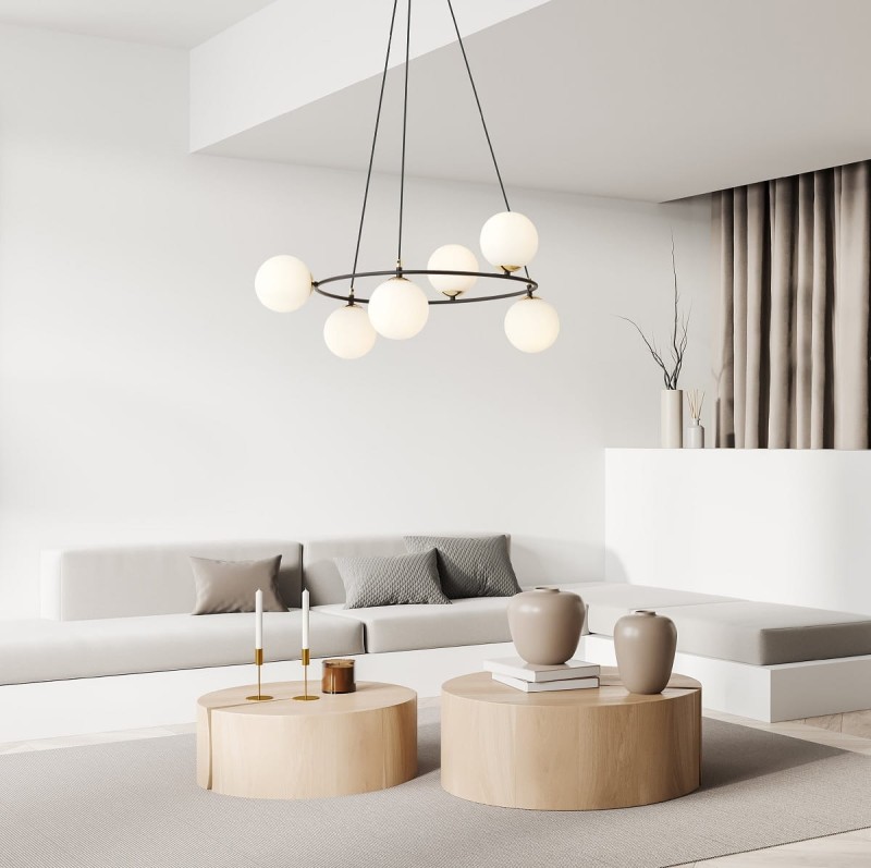 Azura 6 White– okrągła lampa wisząca, sześć mlecznych kloszy aranżacja 2.jpg