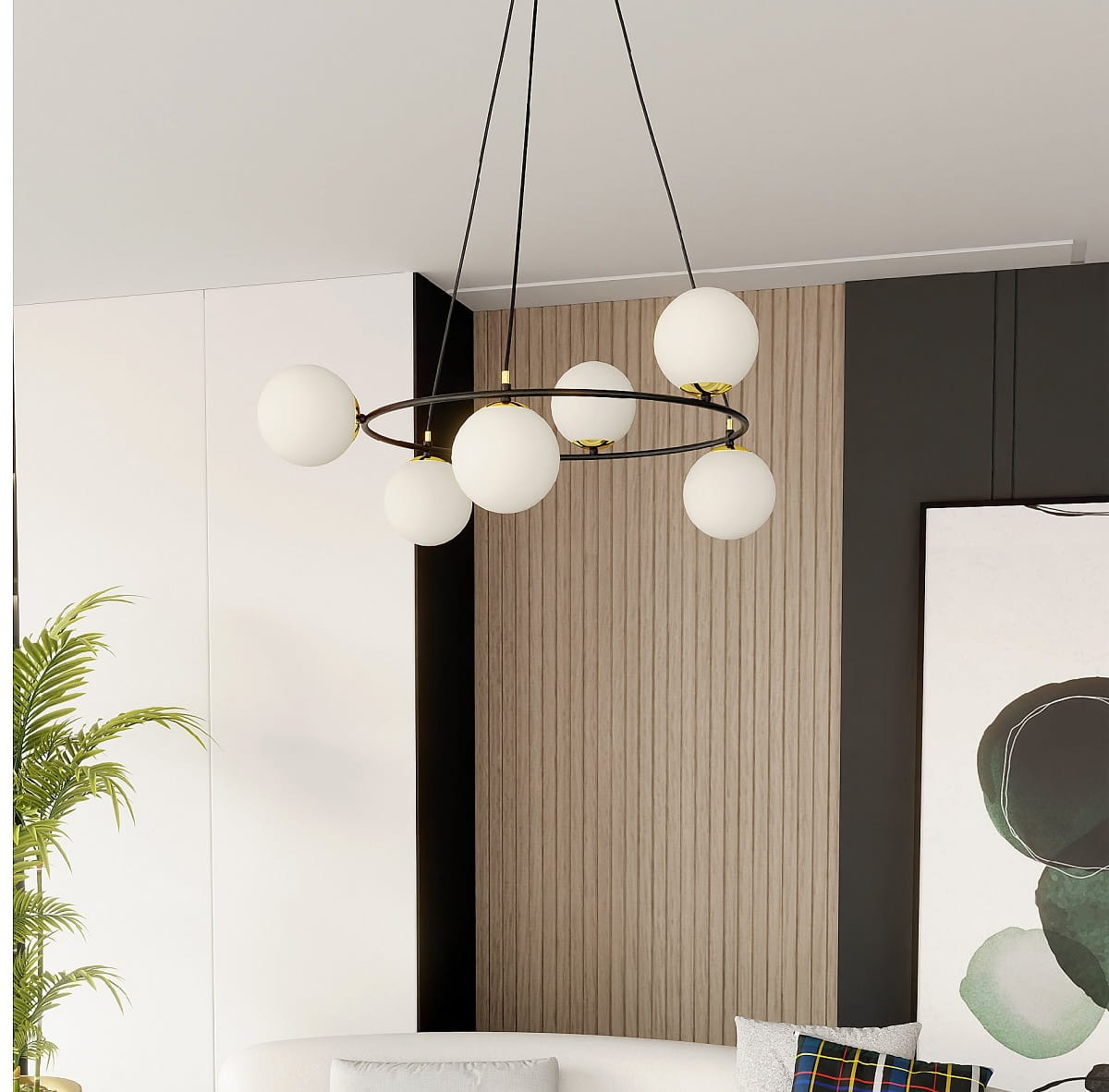 Azura 6 White– okrągła lampa wisząca, sześć mlecznych kloszy aranżacja.jpg