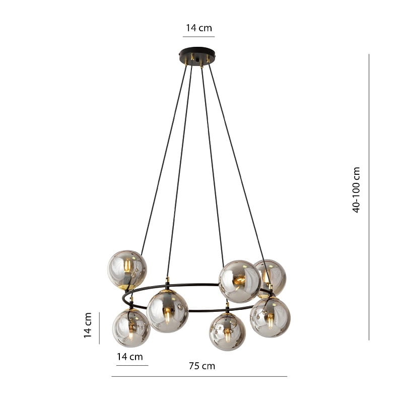 Azura 8 Grafit –  elegancka okrągła lampa wisząca, okrągłe szklane grafitowe kule wymiary.jpg