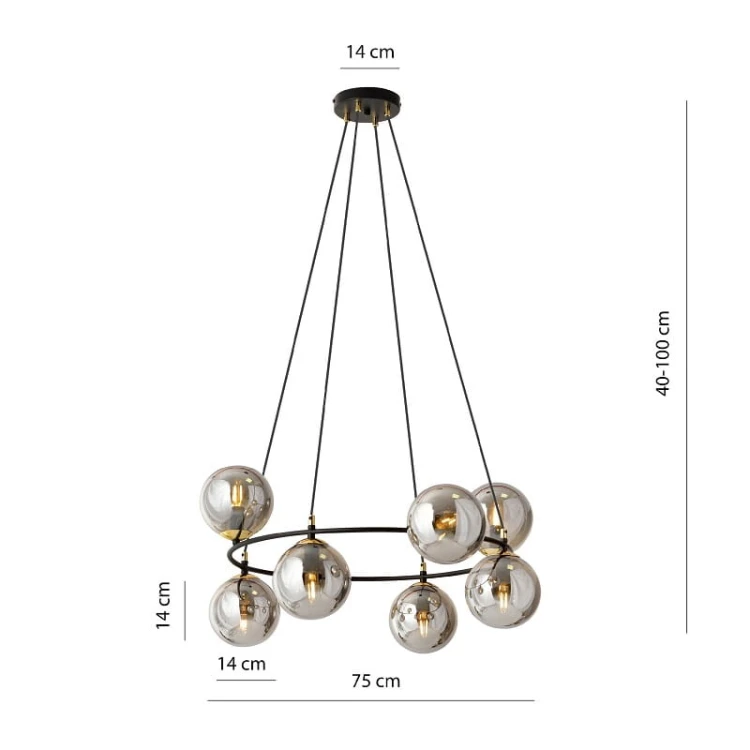 Azura 8 Grafit –  elegancka okrągła lampa wisząca, okrągłe szklane grafitowe kule wymiary.jpg