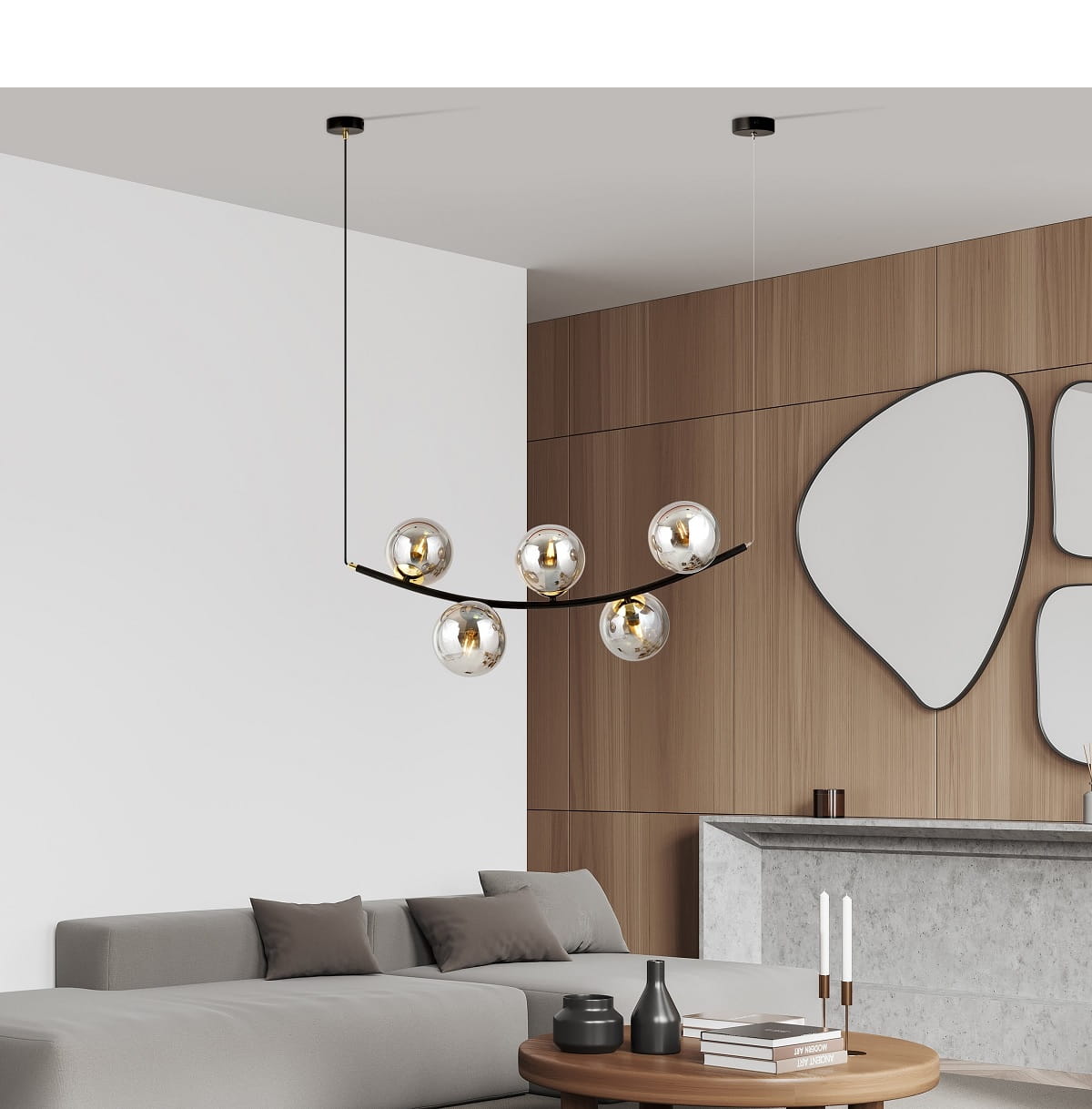 Ritz 5 Grafit - wisząca lampa, żyrandol, pięć grafitowych kul aranżacja.jpg