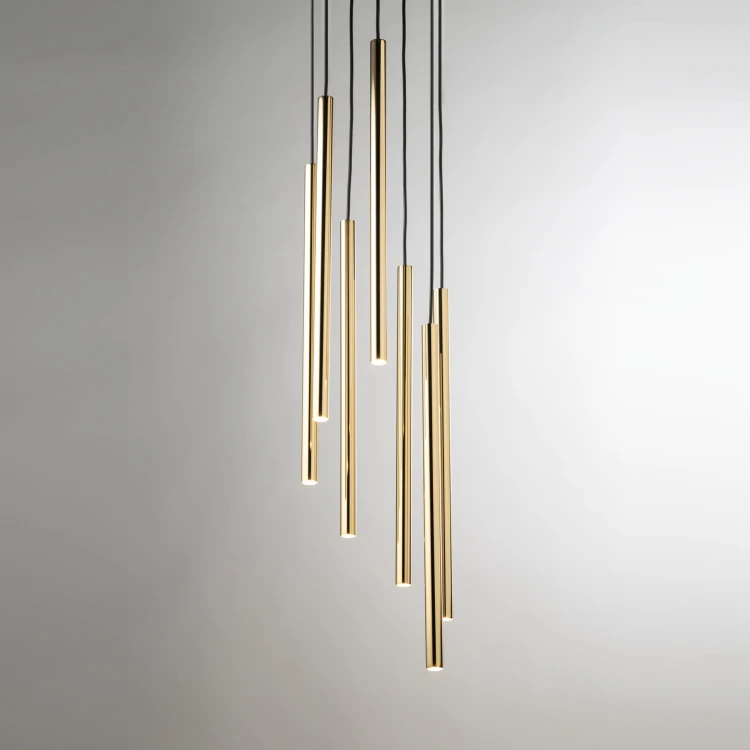 Lampa punktowa wisząca Sopel Lux 7 Złota – nowoczesne oświetlenie do wysokich wnętrz i antresoli klosze.jpg