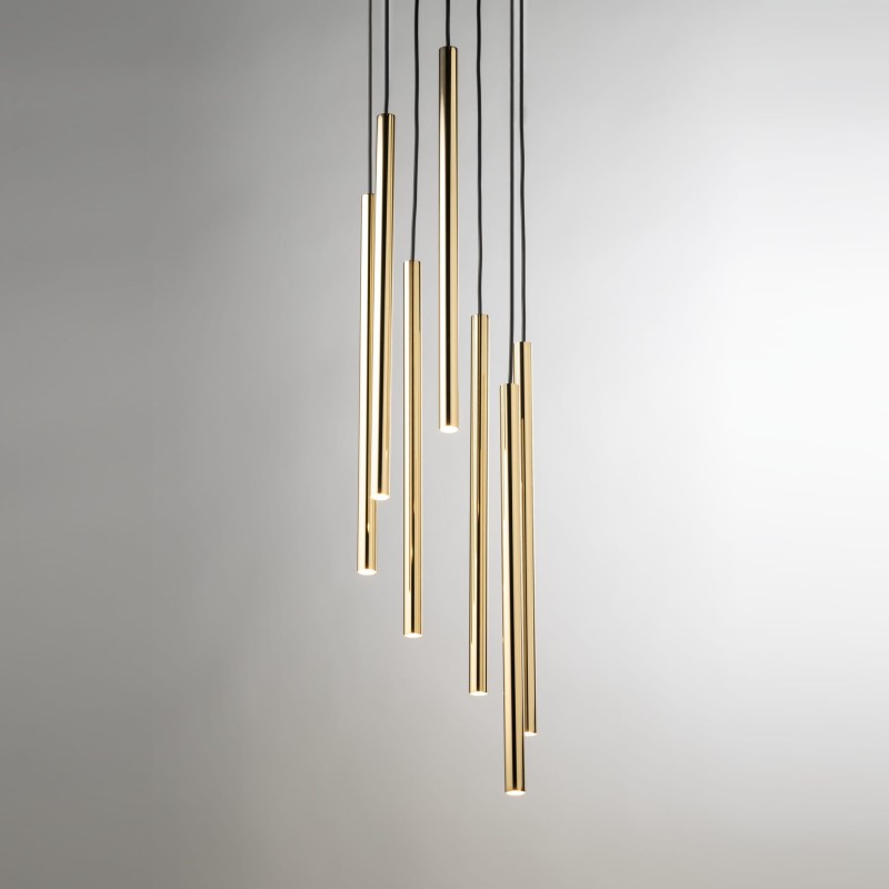 Lampa punktowa wisząca Sopel Lux 7 Złota – nowoczesne oświetlenie do wysokich wnętrz i antresoli klosze.jpg