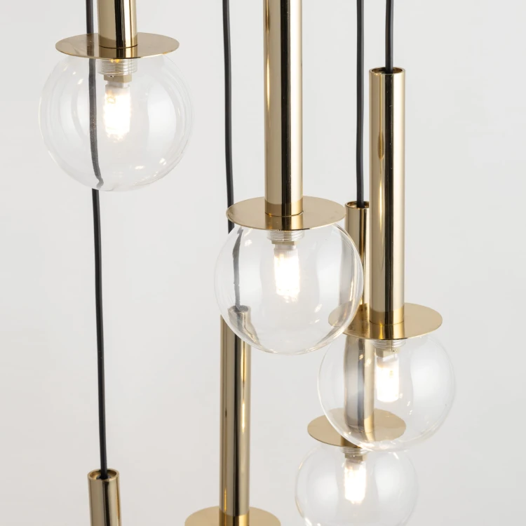 Daisy 7 złoto-przezroczysta-kaskadowa lampa wisząca do wysokich pomieszczeń klosze.jpg