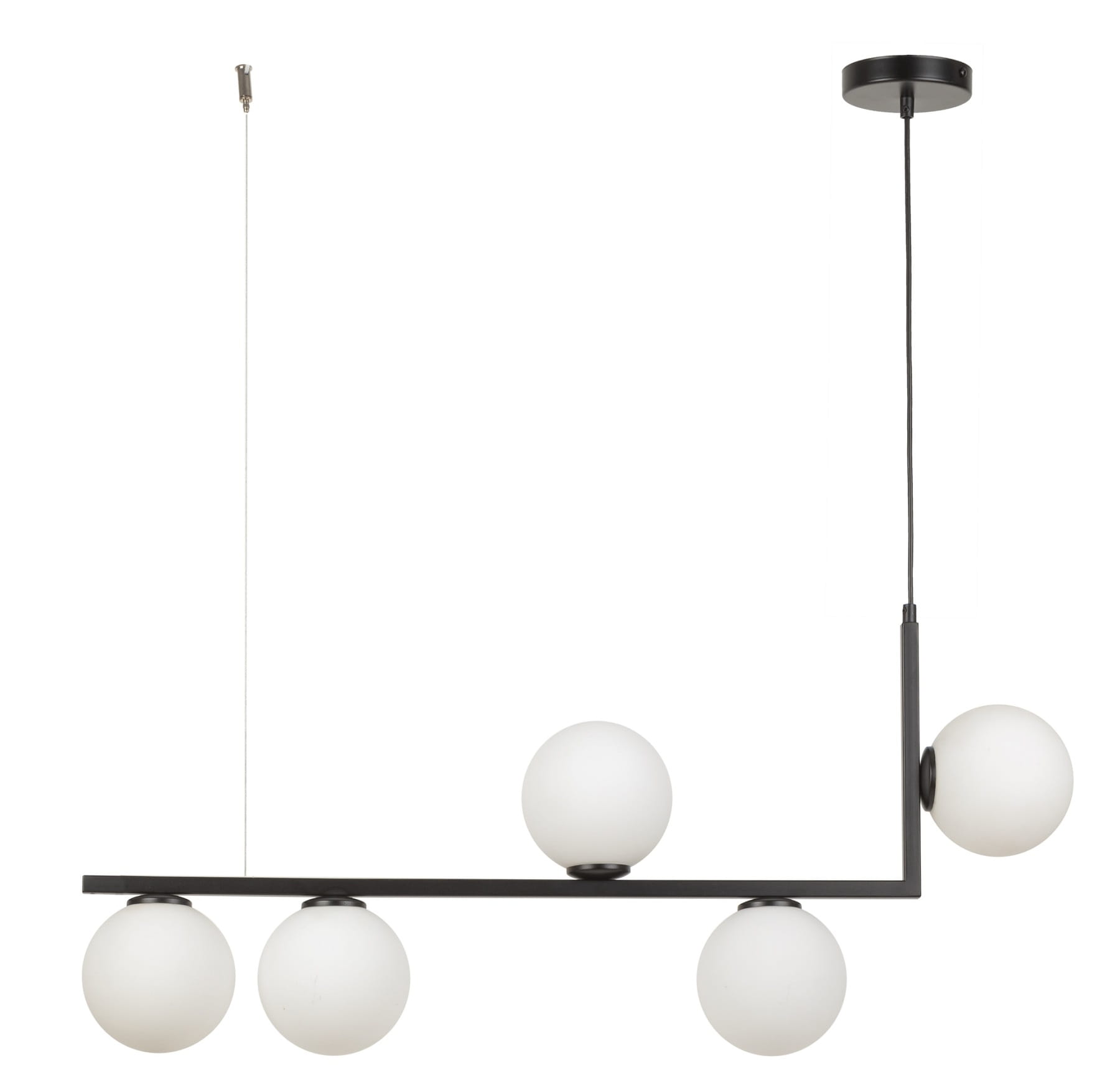 Andy 5 czarny- lampa wisząca liniowa z mlecznymi kloszami nad stół.jpg