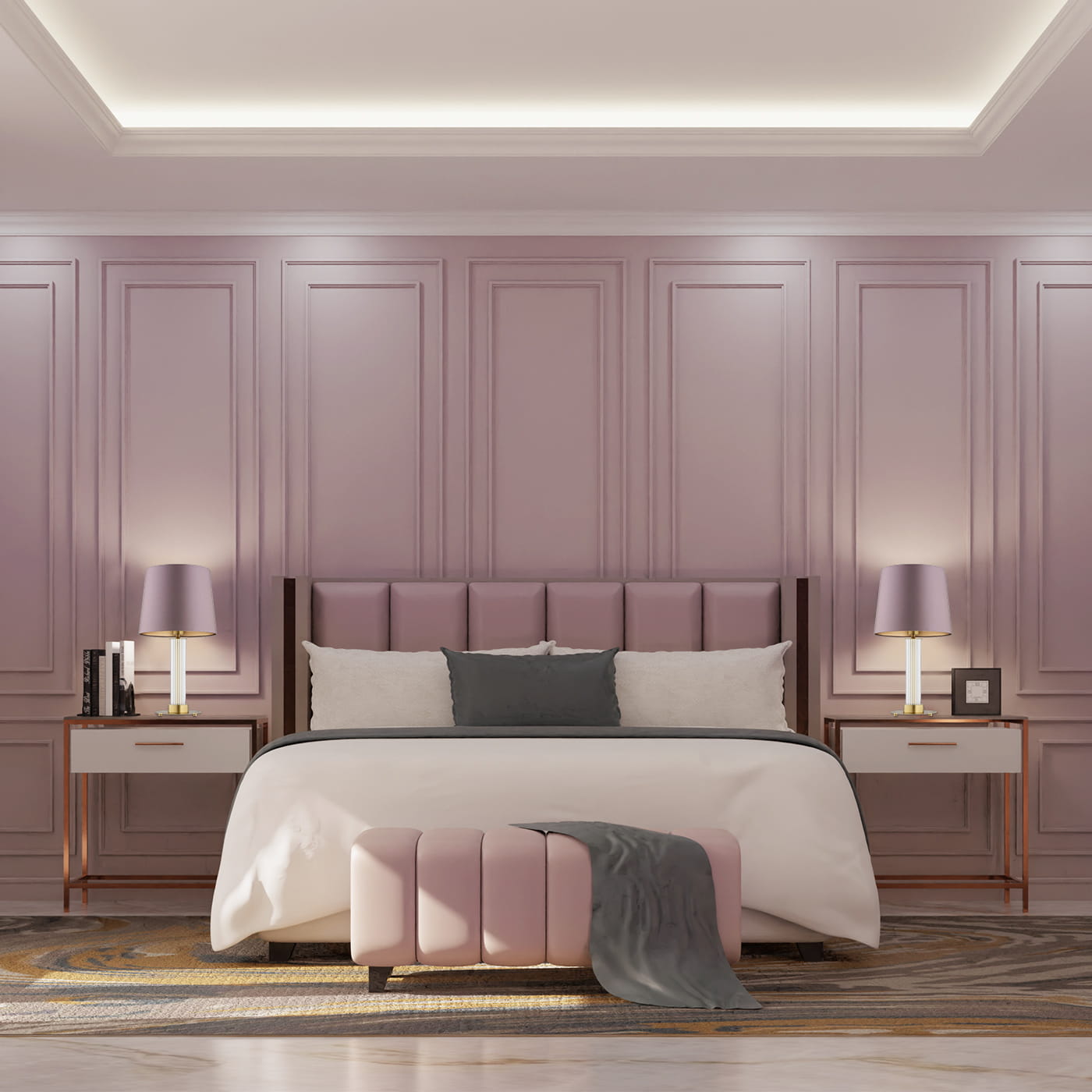 Hampton  designerska lampka na stolik nocny, abażur brudmy róż aranżacja.jpg
