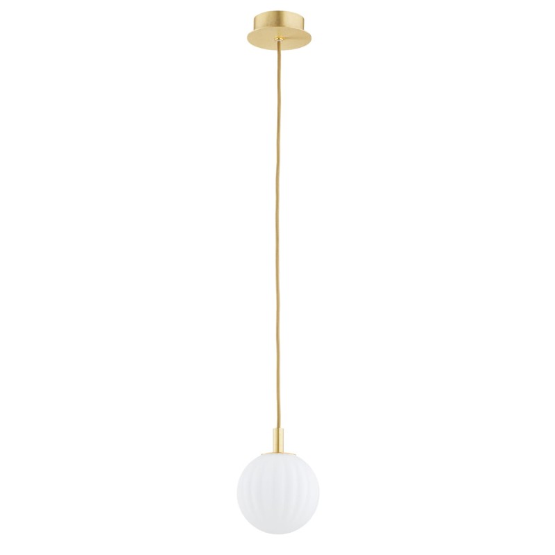 Lampa wisząca pojedyncza złota, klosz ryflowan biały, średnica 12, oświetlenie łazienki, sypialni, blatu w kuchni Paloma 12 Biała.jpg