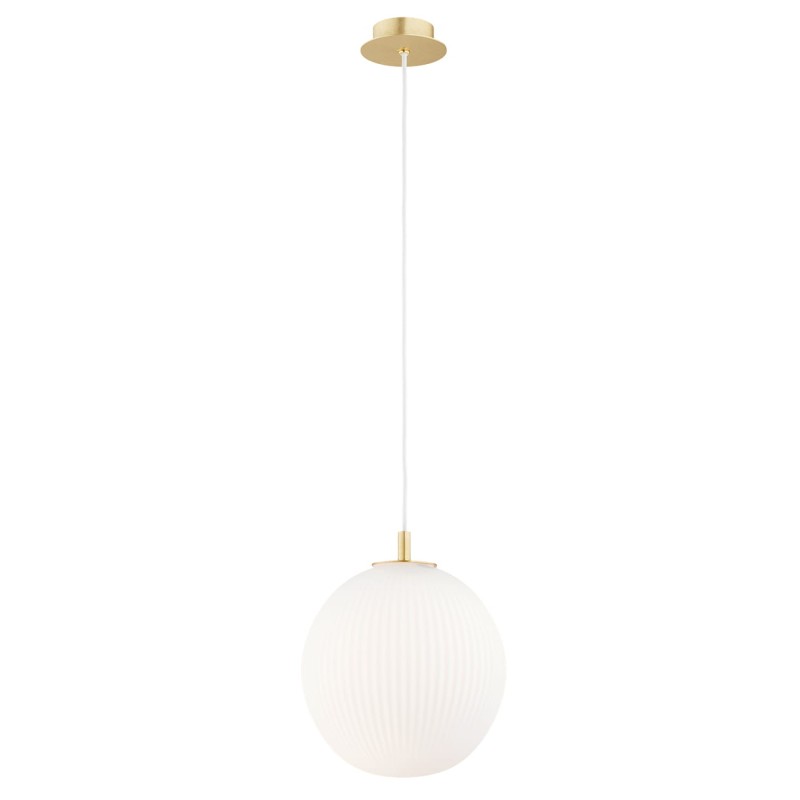 Lampa wisząca pojedyncza złota, klosz ryflowan biały, średnica 12, oświetlenie łazienki, sypialni, blatu w kuchni Paloma 25  Biała.jpg