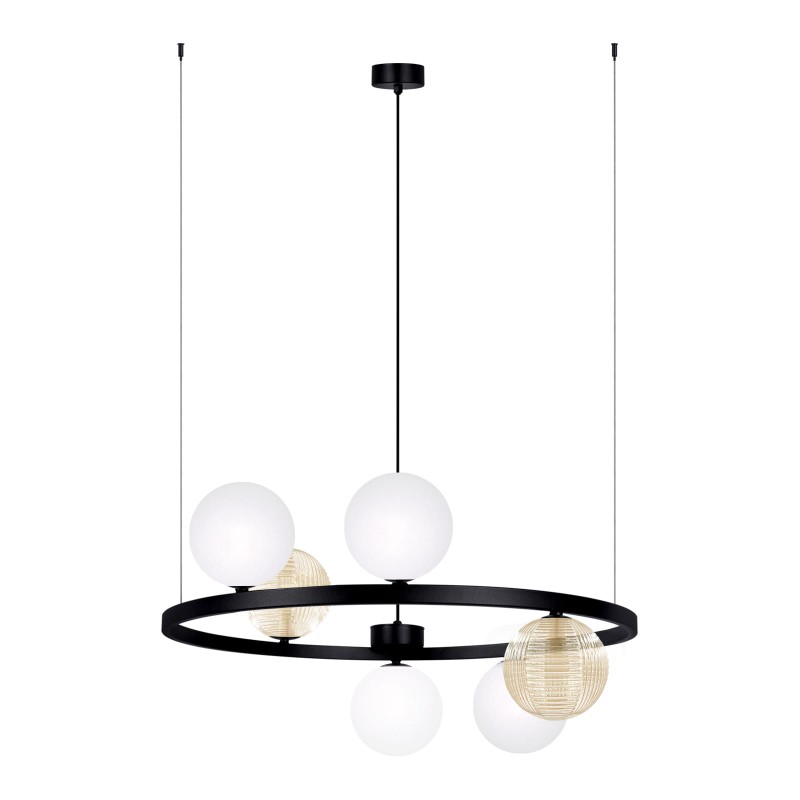 Nowoczesna lampa wisząca Saturno – okrągła z mlecznymi i bursztynowymi kloszami (2).jpg