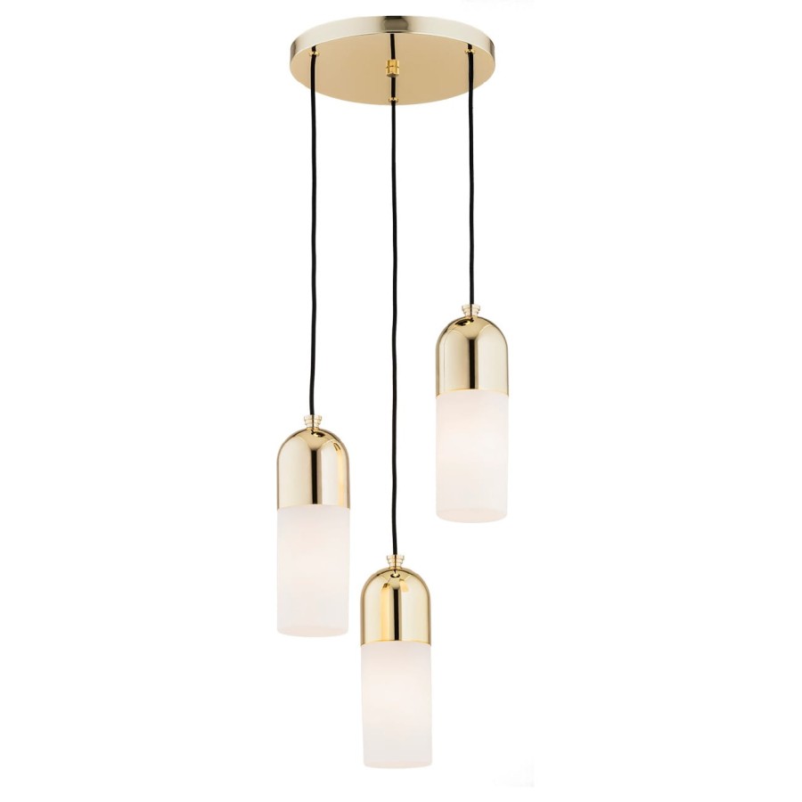 Lampa wisząca do sypialni - Burgos Mosiądz, trzy białe podłużne klosze.jpg