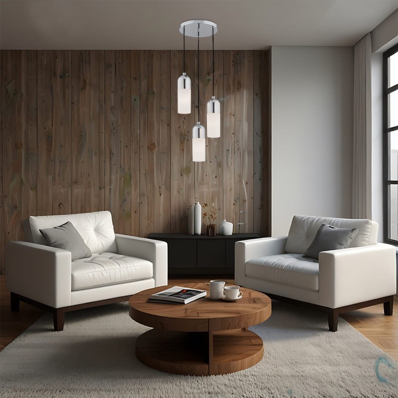 Lampa wiszaca do sallonu,  nad stolik kawowy, trzy klosze szklane - Burgos Chrom, lampa do salonu