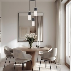 Lampa wisząca nad okrągły stół w salonie Burgos czarna klosze opal podłużne aranżacja.jpg