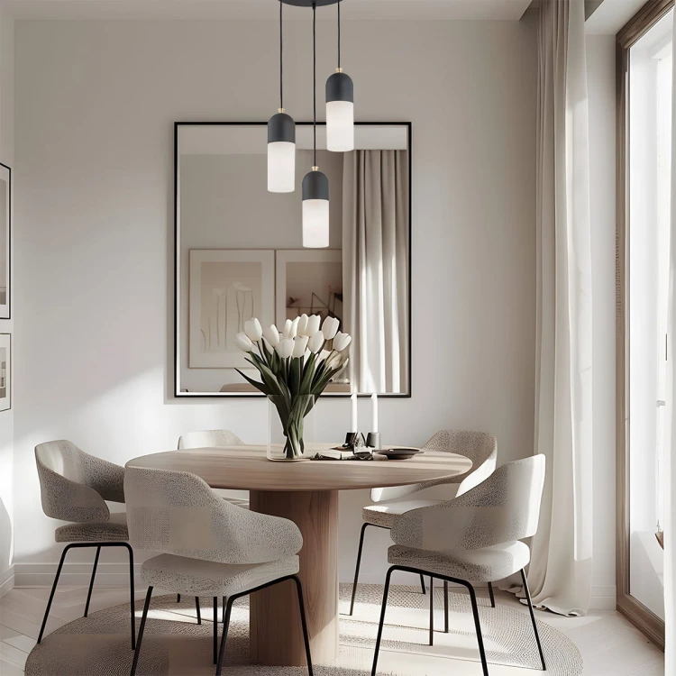 Lampa wisząca nad okrągły stół w salonie Burgos czarna klosze opal podłużne aranżacja.jpg