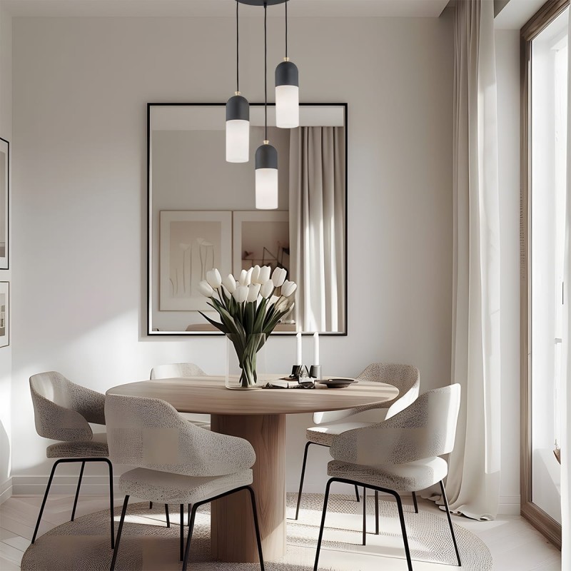 Lampa wisząca nad okrągły stół w salonie Burgos czarna klosze opal podłużne aranżacja.jpg
