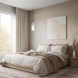 Pojedyncza lamp wisząca - Burgos Chrom, mleczne szkło, oświetlenie boczne łózka w sypialni