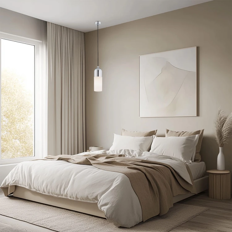 Pojedyncza lamp wisząca - Burgos Chrom, mleczne szkło, oświetlenie boczne łózka w sypialni