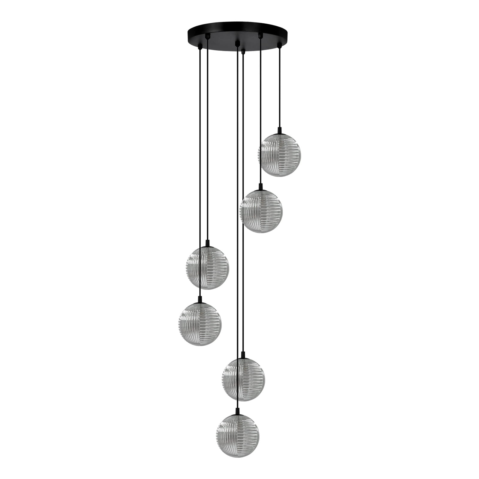 Spiralna, kaskadowa lampa wisząca Monza – sześć szklanych, okrągłych kloszy, grafit – nowoczesne oświetlenie do wysokich wnętrz.jpg