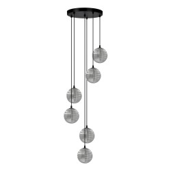 Spiralna, kaskadowa lampa wisząca Monza – sześć szklanych, okrągłych kloszy, grafit – nowoczesne oświetlenie do wysokich wnętrz.jpg