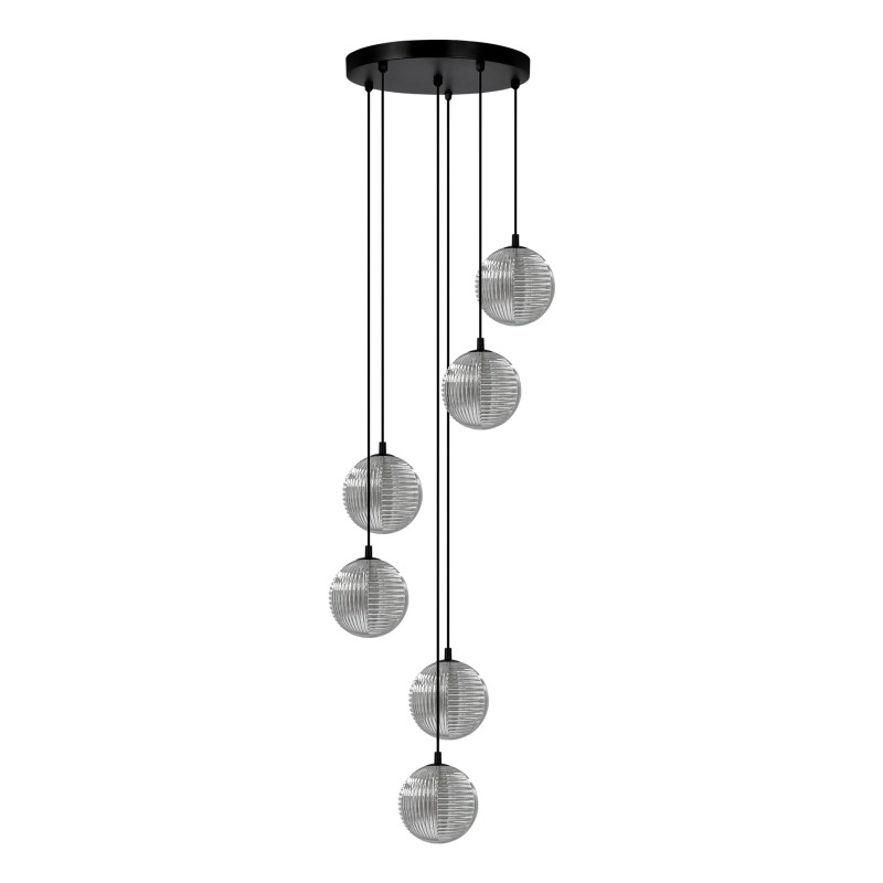 Spiralna, kaskadowa lampa wisząca Monza – sześć szklanych, okrągłych kloszy, grafit – nowoczesne oświetlenie do wysokich wnętrz.jpg