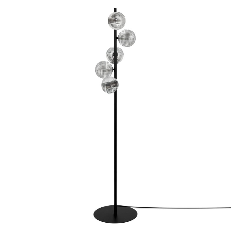 Lampa podłogowa Monza – czarna, z pięcioma szklanymi kloszami grafitowymi  Nowoczesne oświetlenie do salonu i sypialni.jpg