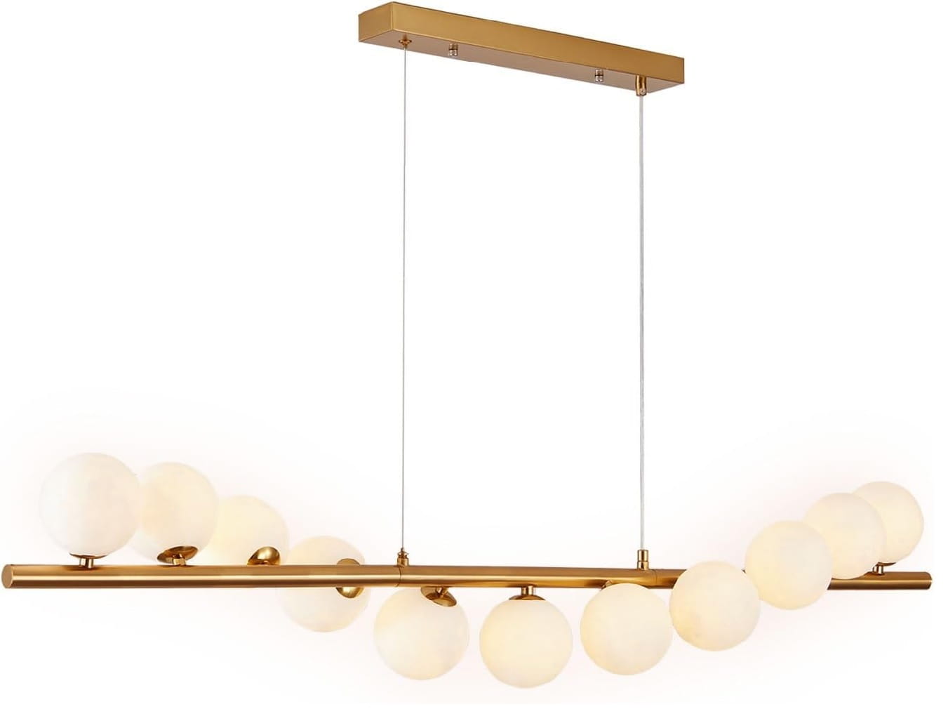 Lampa wisząca Stretto – nowoczesne oświetlenie w złotym odcieniu z 11 mlecznymi kloszami.jpg