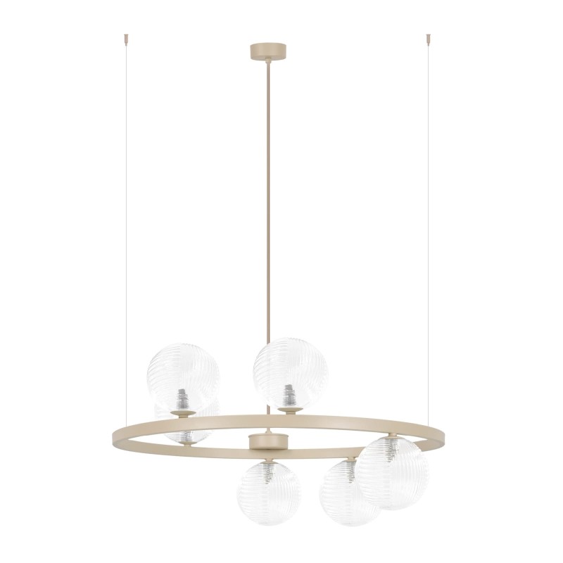 Tesoro okragła lampa wiszaca, sześć ryflowanych szklanych kloszy, kolor beż , lampa do beżowego salonu.jpg
