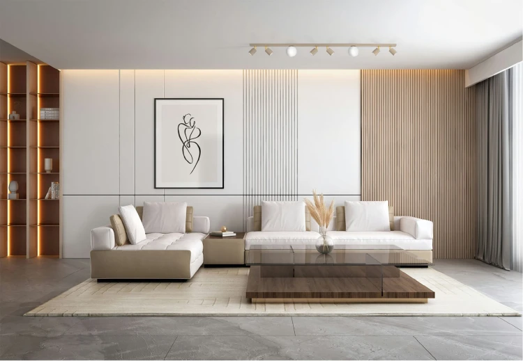 Długa listwa sufitowa Aspa 160 L kolor beżowy, szęść reflektorów, dwa klosze aranżacja.jpg