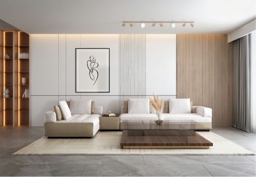 Długa listwa sufitowa Aspa 160 L kolor beżowy, szęść reflektorów, dwa klosze aranżacja.jpg