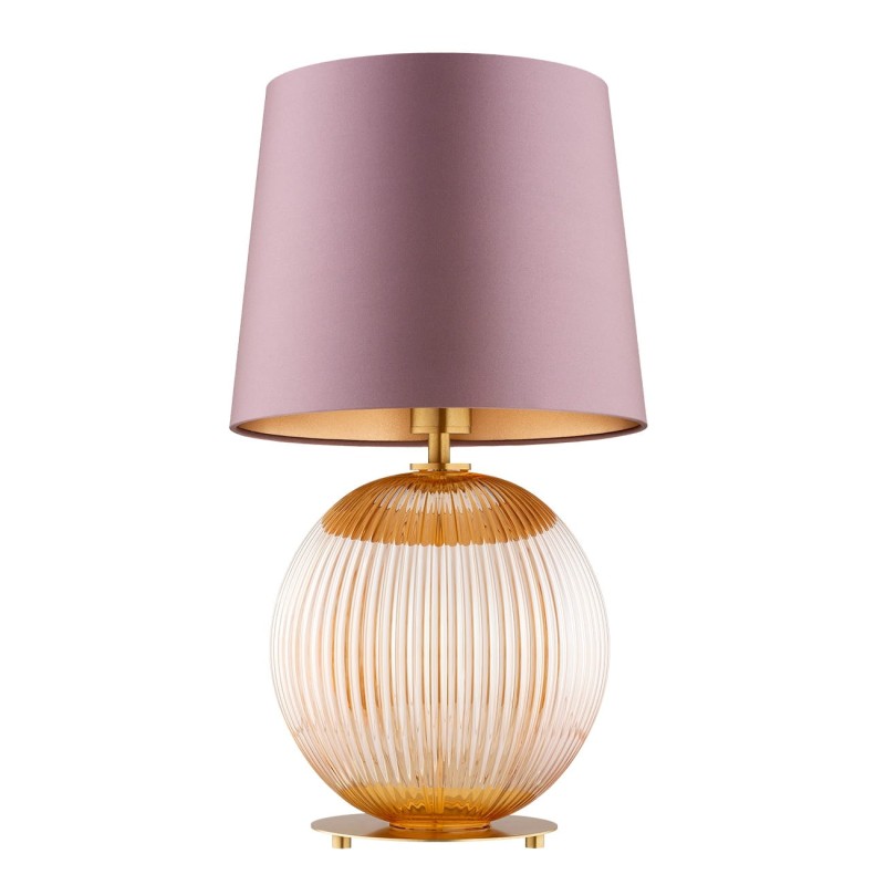 Lampa stołowa do salonu Hamilton –  szkło ryflowane miodowe, abażur brudny róż, elegancka oświetleniowa ozdoba salonu. (1).jpg