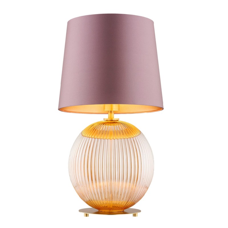 Lampa stołowa do salonu Hamilton –  szkło ryflowane miodowe, abażur brudny róż, elegancka oświetleniowa ozdoba salonu.jpg
