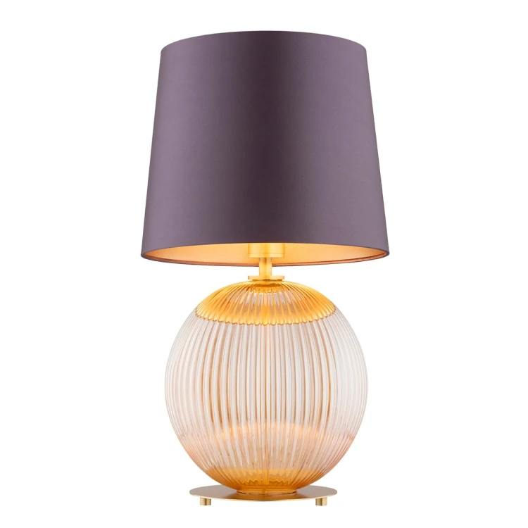 Lampa stołowa do salonu Hamilton –  szkło ryflowane miodowe, abażur fioletowo-śliwkowy, styl glamour.jpg