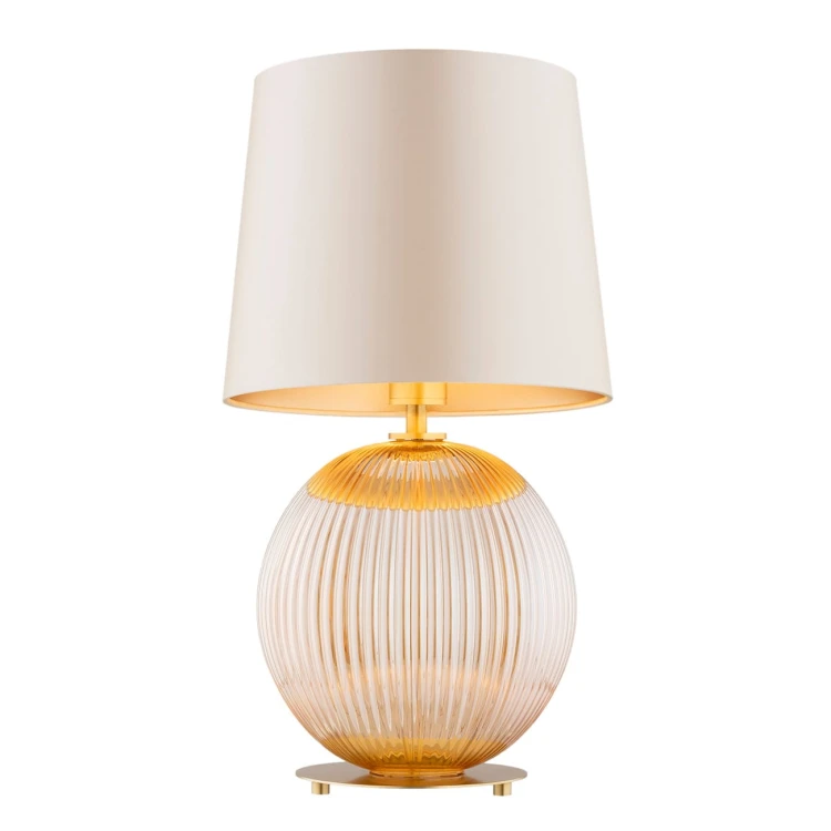 Lampa stołowa złota Hamilton, kula ryflowana miodowa, abażur beżowy.jpg