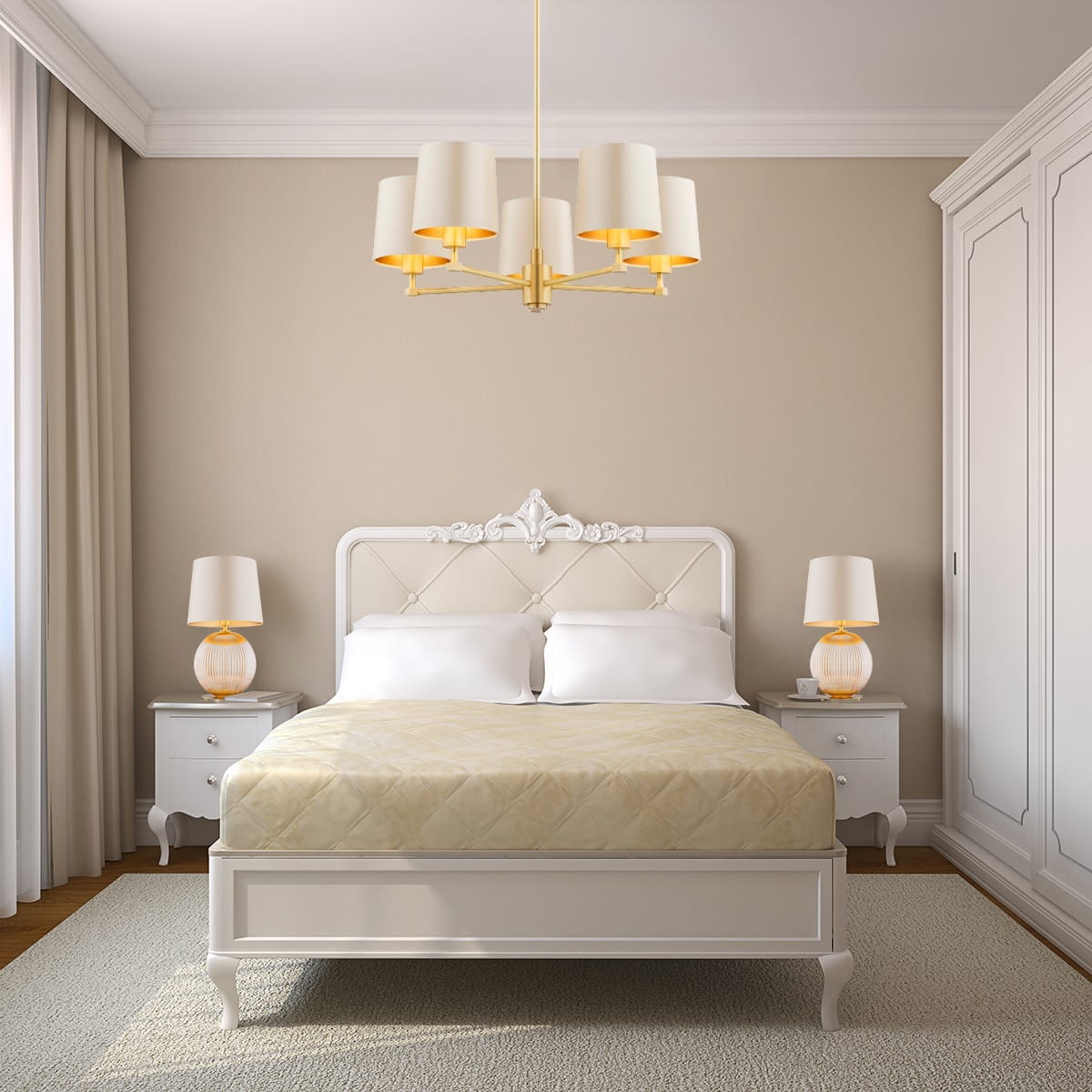 Hamilton oświetlenie sypialni w stylu art deco, lampka nocna kula  miodowa, abażur beżowy.jpg