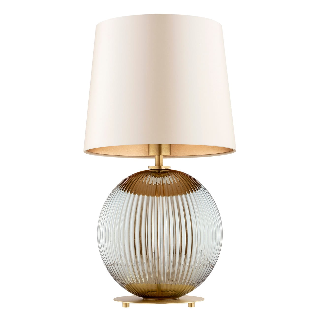 Lampa stołowa do salonu, sypialni  Hamilton –  szkło ryflowane dymione, abażur beżowy środek złoty(2).jpg