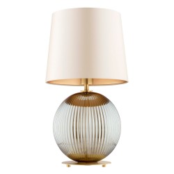 Lampa stołowa do salonu, sypialni  Hamilton –  szkło ryflowane dymione, abażur beżowy środek złoty(2).jpg