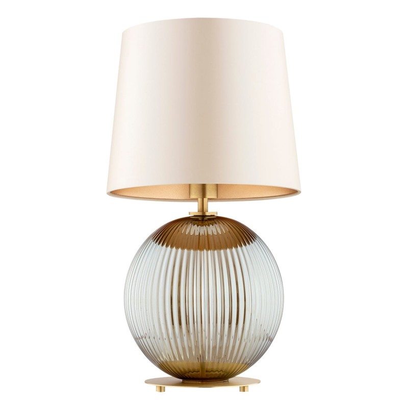 Lampa stołowa do salonu, sypialni  Hamilton –  szkło ryflowane dymione, abażur beżowy środek złoty(2).jpg