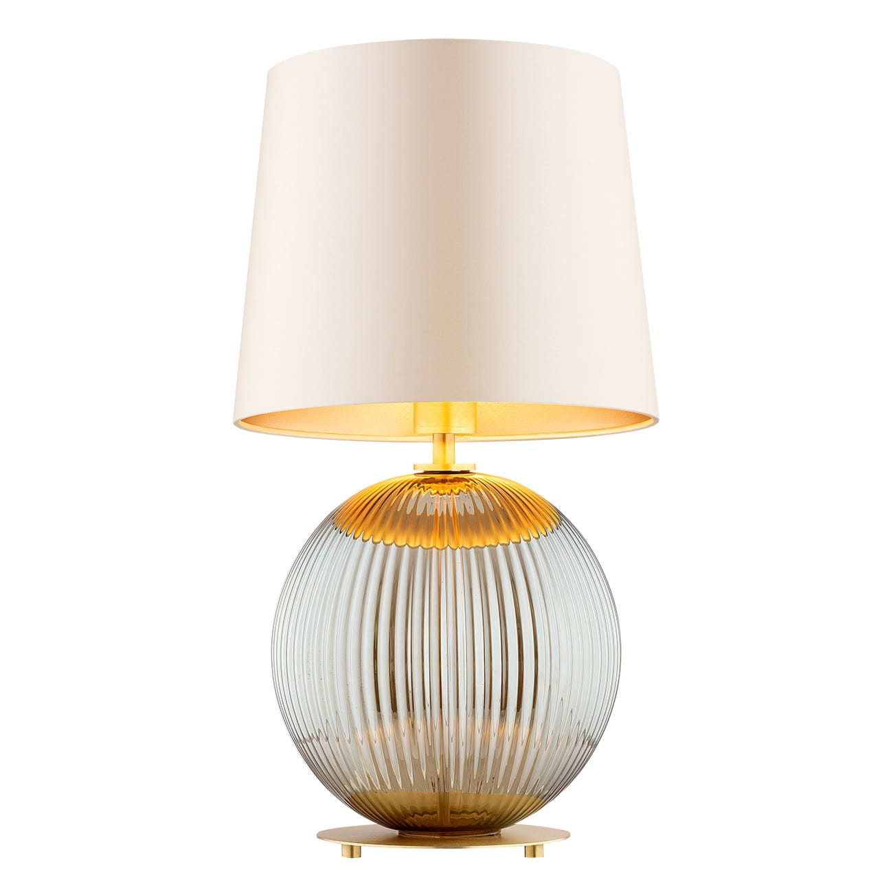 Lampa stołowa do salonu, sypialni  Hamilton –  szkło ryflowane dymione, abażur beżowy środek złoty.jpg