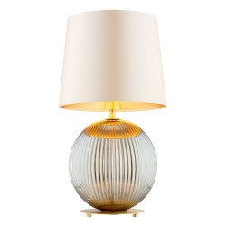 Lampa stołowa do salonu, sypialni  Hamilton –  szkło ryflowane dymione, abażur beżowy środek złoty.jpg