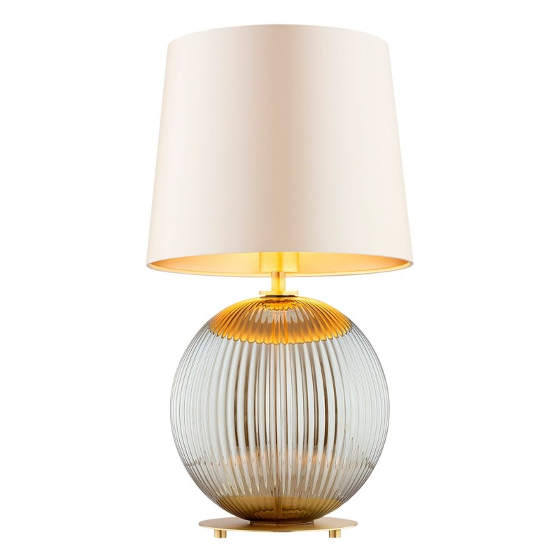 Lampa stołowa do salonu, sypialni  Hamilton –  szkło ryflowane dymione, abażur beżowy środek złoty.jpg