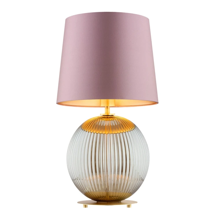 Duża lampa stołowa na stolik nocny do sypialni  Hamilton –  szkło ryflowane dymione, abażur różowy środek złoty.jpg
