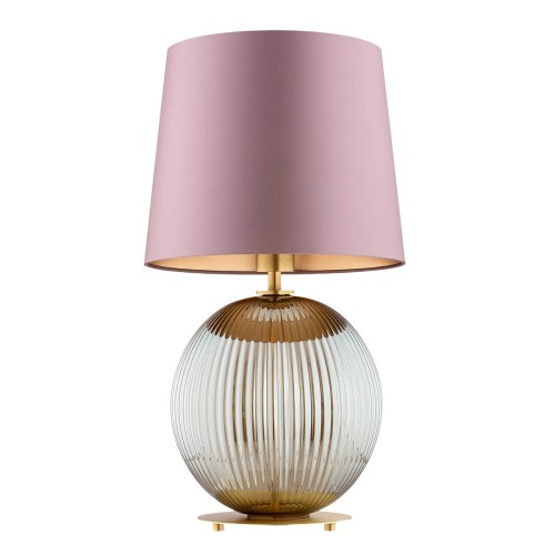 Duża lampa stołowa na stolik nocny do sypialni  Hamilton –  szkło ryflowane dymione, abażur różowy środek złoty(2).jpg