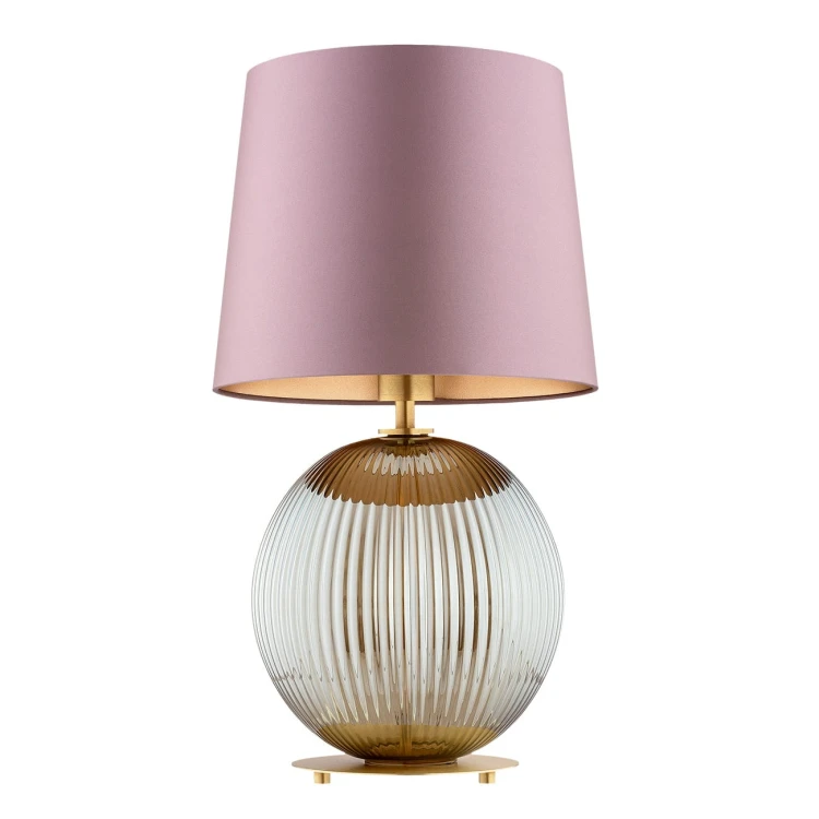 Duża lampa stołowa na stolik nocny do sypialni  Hamilton –  szkło ryflowane dymione, abażur różowy środek złoty(2).jpg