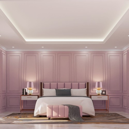 Duża lampa stołowa na stolik nocny do sypialni  Hamilton –  szkło ryflowane dymione, abażur różowy środek złoty aranżacja.jpg