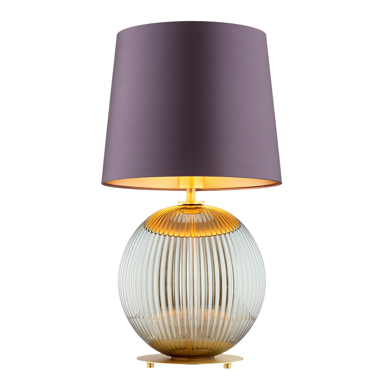 Lampa stołowa na stolik w złotym kolorze  Hamilton –  szkło ryflowane dymione, abażur fioletowy środek złoty.jpg