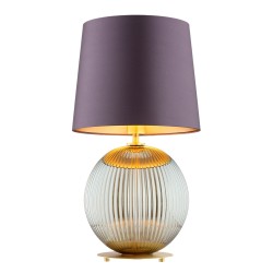 Lampa stołowa na stolik w złotym kolorze  Hamilton –  szkło ryflowane dymione, abażur fioletowy środek złoty.jpg