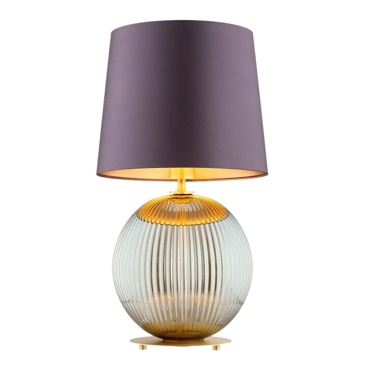Lampa stołowa na stolik w złotym kolorze  Hamilton –  szkło ryflowane dymione, abażur fioletowy środek złoty.jpg