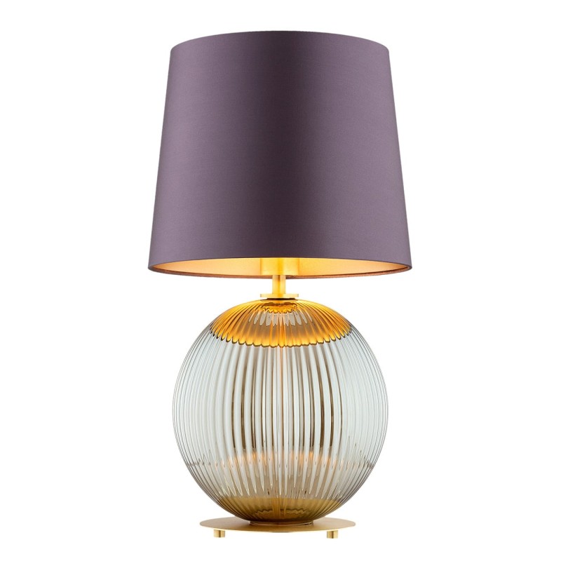 Lampa stołowa na stolik w złotym kolorze  Hamilton –  szkło ryflowane dymione, abażur fioletowy środek złoty.jpg