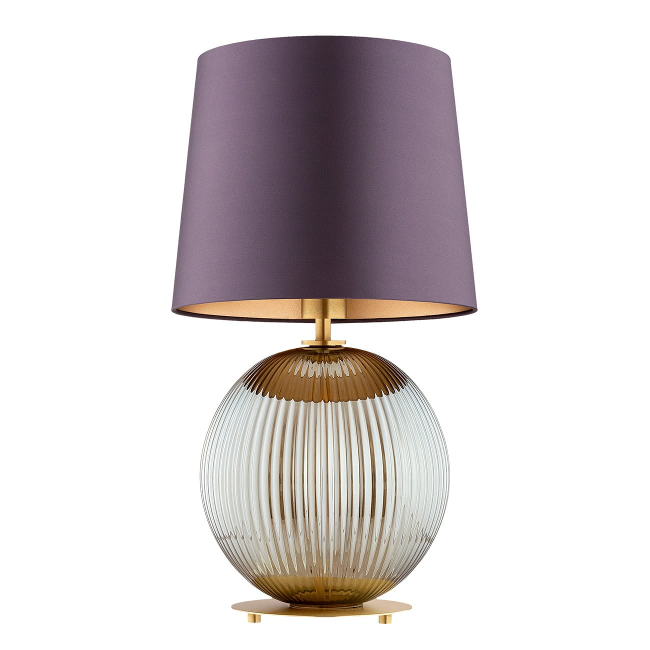 Lampa stołowa na stolik w złotym kolorze  Hamilton –  szkło ryflowane dymione, abażur fioletowy środek złoty (2).jpg