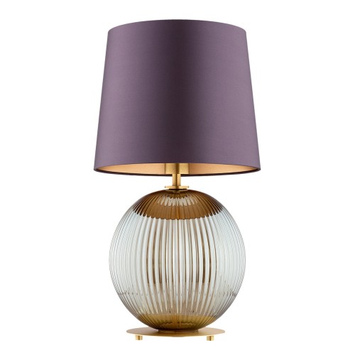Lampa stołowa na stolik w złotym kolorze  Hamilton –  szkło ryflowane dymione, abażur fioletowy środek złoty (2).jpg